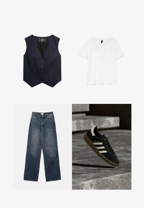 Marine vest met witte streepjes, zonder mouwen, V-hals en zes bruine knopen aan de voorkant, gemaakt van een gladde stof.; Witte t-shirt met korte mouwen en een ronde hals, gemaakt van lichte stof. Eenvoudig ontwerp, gladde textuur en rechte zoom.; Heren hoge taille blauwe spijkerbroek met wijde pijpen, vooraan knoop en rits, en voor- en achterzakken.; Zwarte Adidas sneaker met witte strepen en gumzool die boven grijze betonnen trappen zweeft in natuurlijk licht.