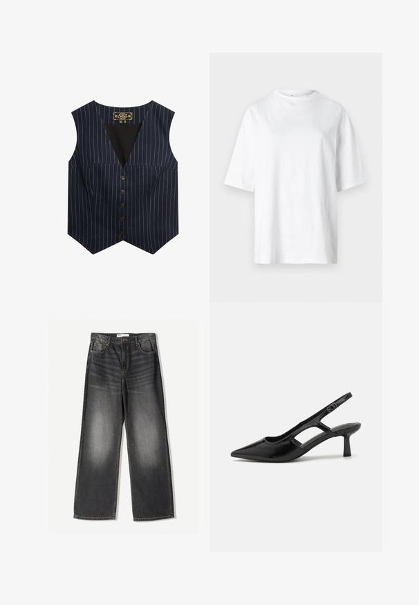 Marinestribet vest med hvidt, sans ærmer, V-hals og seks brune knapper foran, lavet af en glat stof.; Hvid bomulds t-shirt med rund halsudskæring, korte ærmer og en løs pasform. Stoffet ser glat og let ud.; Mørkegrå brede jeans lavet af denim, med fem lommer, en frontlynlås og kontrastfarvet syninger langs sømmene.; Sorte slingback hæle med spidse tæer, lavet af blankt materiale, med udskæringsdetaljer og en moderat hæl for støtte.