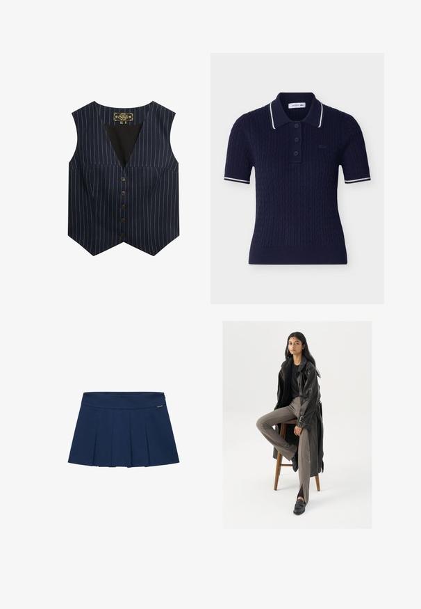 Marine vest met witte streepjes, zonder mouwen, V-hals en zes bruine knopen aan de voorkant, gemaakt van een gladde stof.; Marineblauw kabelgebreid poloshirt met korte mouwen, witte rand aan de kraag en mouwen, drie knopen en Lacoste-logo op de borst.; Marineblauwe geplooide rok met een platte tailleband, gemaakt van een gladde stof. Heeft verticale plooien en een klein merkembleem aan de zijkant.; Zwarte leren trenchcoat met knopen en riemdetails, gecombineerd met lichtbruine getailleerde broek en zwarte loafers, zittend op een houten kruk.