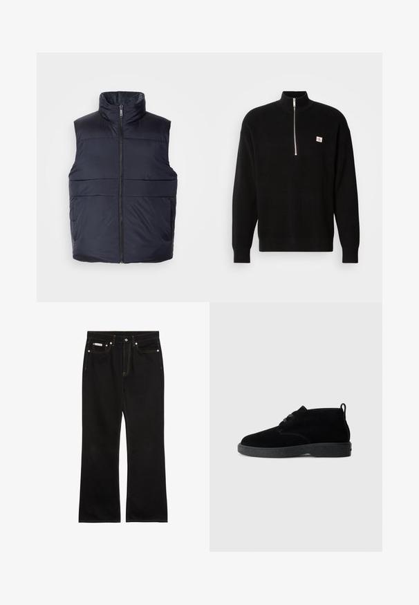 Marineblauwe puffer vest met een hoge kraag en een ritssluiting aan de voorkant, met een gladde, licht glanzende textuur en horizontale stikdetails.; Zwarte gebreide trui met een hoge kraag en ritssluiting. Heeft een klein logo op de linkerborst. Geribbelde structuur en lange mouwen.; Zwarte jeans met rechte pijpen, oranje stiksels, vijf zakken, knoopsluiting en een klein Calvin Klein-label op de voorste rechterzak.; Zwarte suede enkellaarsjes met een ronde neus, vetersluiting, zwarte rubberen zool en een aantreklip aan de achterkant voor gemakkelijk aan- en uittrekken.