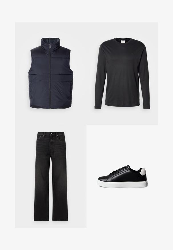 Marineblauwe puffer vest met een hoge kraag en een ritssluiting aan de voorkant, met een gladde, licht glanzende textuur en horizontale stikdetails.; Zwarte longsleeve crewneck shirt van Calvin Klein met klein CK-logo op de linkerborst, weergegeven op een witte achtergrond.; Zwarte jeans met rechte pijpen, vijf zakken, riemlussen en knoopsluiting, weergegeven op een witte achtergrond.; Zwarte leren lage sneaker met zwarte veters, witte rubberen zool en witte suède hielaccent, getoond in zijaanzicht op een witte achtergrond.