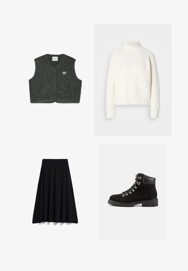 Grijze fleece vest van een geweven, lusachtige stof. Voorzien van een knoopsluiting, ronde hals en een klein logo op de linkerkant van de borst.; Witte geribde coltrui met een relaxte pasvorm, voorzien van lange mouwen en een kortere zoom, gemaakt van een zachte, gestructureerde breimateriaal.; ARMEDANGELS ILENIAA LARAA - Maxirok - black; Zwarte suede enkelboot met gevoerde kraag, metalen vetersluitingen, dikke rubberen zool en robuust profiel, gezien vanuit de buitenkant op een witte achtergrond.