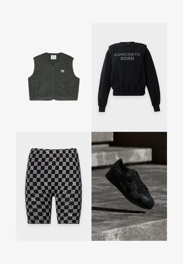 Grå fleecevest med et struktureret, løkkestof. Har knaplukning, rund hals og et lille patch-logo på venstre bryst.; Sort langærmet sweatshirt med ribbede manchetter og kant, med fed grå tekst "CONCRETE BORN" i midten foran.; Sorte cykelshorts med et gentagende geometrisk mønster i grå og hvid, med et brændt logo integreret i designet.; Sort sneakersko med rillet sål og cirkulært detaljer på siden, svævende over en betonoverflade med trapper i baggrunden.