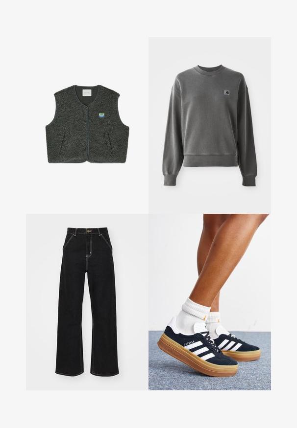 Grijze fleece vest van een geweven, lusachtige stof. Voorzien van een knoopsluiting, ronde hals en een klein logo op de linkerkant van de borst.; Grijze pullover sweatshirt van een gladde katoenmix, met een ronde hals, geribbelde manchetten en een klein logopatch op de linkerkant van de borst.; Zwart wijde jeans gemaakt van denim. Voorzien van contrasterende witte stiksels, voorkanten zakken en een knoopsluiting in de taille.; Ben met witte sokken en zwarte Adidas Gazelle sneakers met witte strepen en dikke bruine zolen op een grijs tapijt.