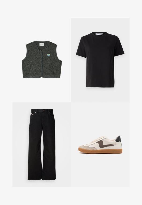 Grijze fleece vest van een geweven, lusachtige stof. Voorzien van een knoopsluiting, ronde hals en een klein logo op de linkerkant van de borst.; Zwart T-shirt met korte mouwen, gemaakt van zachte katoen, met een ronde hals, een ontspannen pasvorm en een gladde textuur. Geen zichtbare patronen of opdrukken.; Zwarte wijde spijkerbroek van katoen. Voorzien van zijzakken, een knoopsluiting en een klassieke denimtextuur. Minimalistisch ontwerp zonder patronen.; Sneakers met een crème leren bovenwerk, donkere bruin suède accenten, beige veters en een gumrubberen zool; klassiek laagprofiel ontwerp.