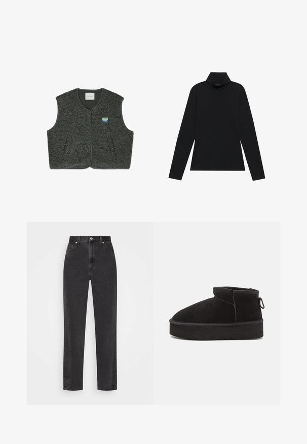 Grå fleecevest med et struktureret, løkkestof. Har knaplukning, rund hals og et lille patch-logo på venstre bryst.; Sort turtleneck med lange ærmer. Blødt stof, tætsiddende design, høj krave og sidesøm. Simpel og alsidig stil, der er velegnet til lag-på-lag.; Sorte denim jeans med lige ben, høj talje, foran knap og lynlås, samt fem-lomme stil på en hvid baggrund.; Sorte ruskinds ankelstøvler med en rund tå, der har en forhøjet sål og en sidesløjfe for nem påtagning. Designet er enkelt med minimale detaljer.
