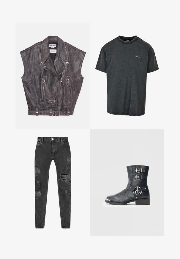 Ærmeløs grå lædervest med en struktureret finish, skrå lynlåslukninger og et nitterbælte i taljen. Bemærkelsesværdig reversdesign.; Urban Classics SMALL EMBROIDERY - T-shirts basic - black; Sorte denim jeans med slidte detaljer og flere revner. Slim fit med fem lommer og knaplukning.; Sort læderankelstøvle med rundet tå, to remme med spænder, sølvfarvede metaldetaljer og lavt stablet hæl. Tekstureret finish.