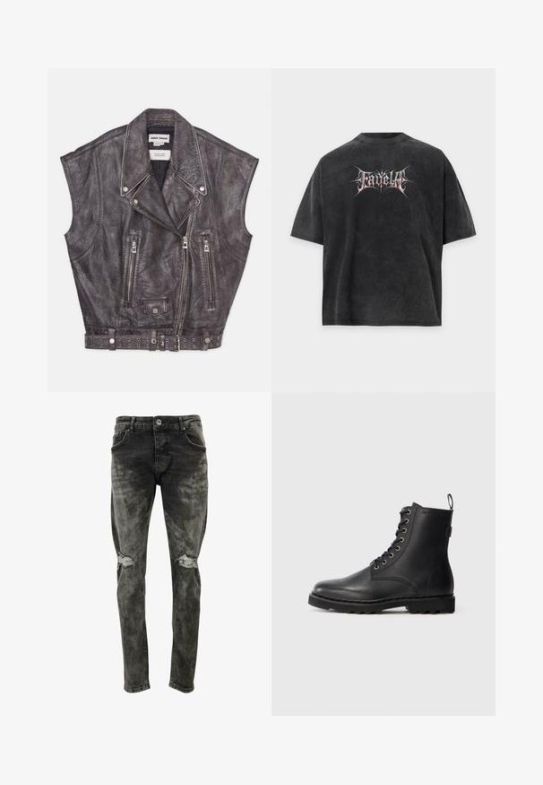 Ærmeløs grå lædervest med en struktureret finish, skrå lynlåslukninger og et nitterbælte i taljen. Bemærkelsesværdig reversdesign.; Sort oversized t-shirt med falmet tekstur og stiliseret hvid og rød tekst "Fadella" centreret foran.; Slim-fit, slidset sorte jeans lavet af denim med slidte knælapper. Har standardlommer og en knaplukning.; Sort læder ankelstøvle med rund tå, snøredesign og metaløjer. Har en tekstureret sål og en pull-tab ved hælen for nem påtagning.