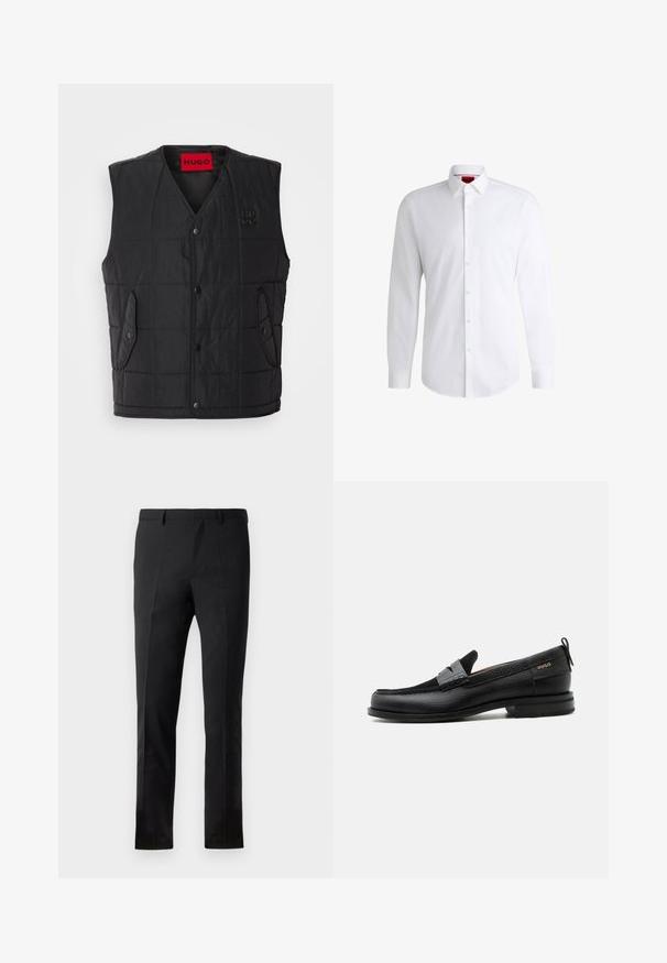 Gilet rembourré noir avec un design en col V, dotée de boutons-pression, de deux poches latérales et d'une étiquette rouge contrastante à l'intérieur. Tissu texturé.; Chemise blanche à manches longues en tissu lisse avec un col classique et un ourlet arrondi. Présente des boutons beiges à l'avant.; Pantalons noirs à coupe ajustée, avec un devant plat, deux plis, des passants de ceinture et une texture lisse. Aucune motif ou métal visible.; Mocassin en cuir noir avec détail de bride grise, talon bas et semelle texturée, marqué "HUGO" en or sur le côté.