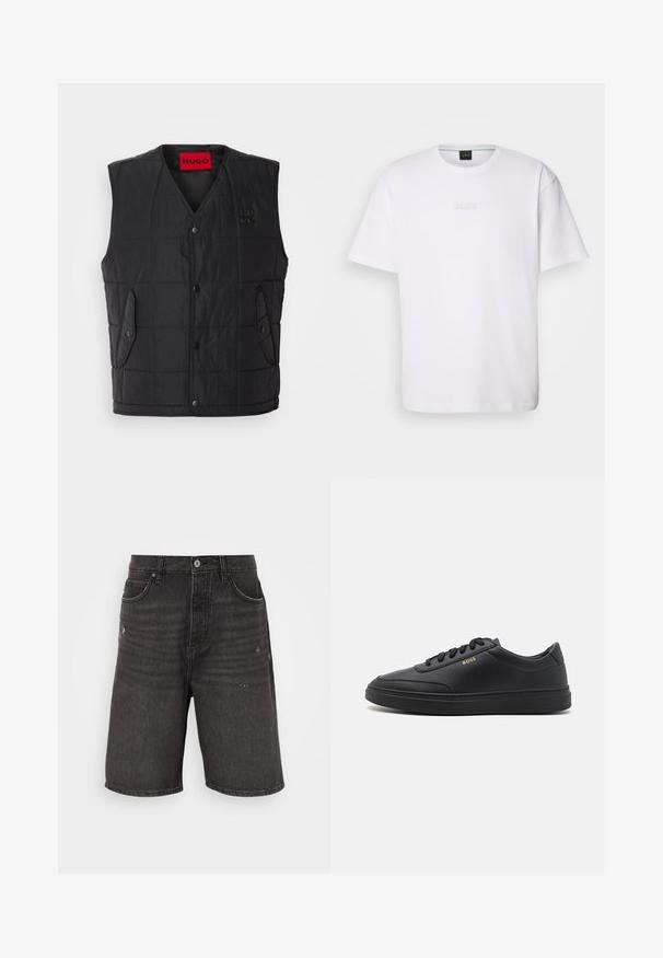 Gilet rembourré noir avec un design en col V, dotée de boutons-pression, de deux poches latérales et d'une étiquette rouge contrastante à l'intérieur. Tissu texturé.; T-shirt en coton blanc à manches courtes, col rond, avec un logo « BOSS » en relief sur la poitrine. Texture lisse, coupe standard.; Shorts en denim noir avec une coupe décontractée, dotés de poches avant, d'une texture vieilli et d'une taille classique avec une fermeture à bouton unique.; Baskets en cuir noir avec une texture lisse, bout rond, semelle en caoutchouc plate et lacets ton sur ton. Présente une marque "BOSS" dorée sur le côté.