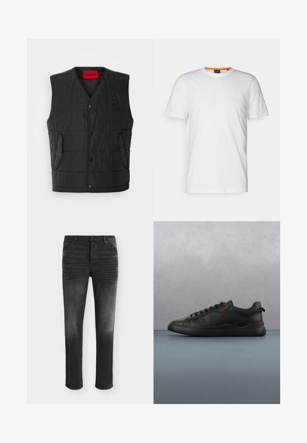 Sort polstret vest med V-udskæring, der har trykknapper, to sidelommer og en kontrasterende rød label indeni. Textureret stof.; Hvid bomulds T-shirt med rund hals, korte ærmer og et subtilt præget logo på brystet. Indvendigt mærke har en orange detalje.; Sorte skinny-fit jeans med falmede detaljer, fem-lomme-stil og knaplukning i taljen.; HUGO BLAKE - Sneakers - black