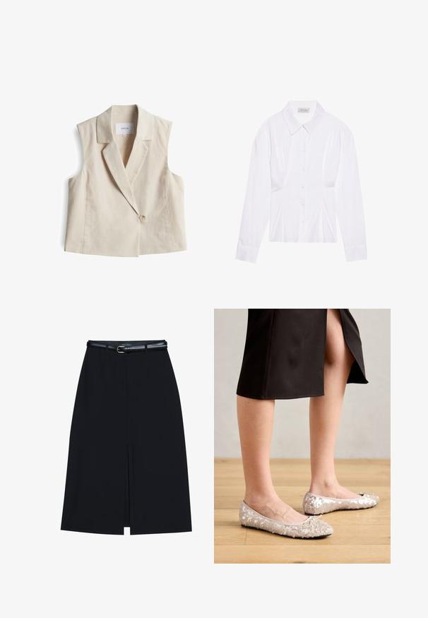 Beige mouwloze blazer met een geklopte kraag, enkele knoopsluiting en een textuurstof. Label luidt "OPUS."; Witte blouse met lange mouwen en een klassieke kraag, met een sluiting aan de voorkant met knopen en geplooide details aan de zijkant. Glad materiaal met een getailleerde pasvorm.; Zwarte knie-lange rok met een vooraanstaande split, gemaakt van gladde stof. Heeft een dunne zwarte riem met een zilveren gesp en riemlussen.; Beige sequined balletschoenen met een ronde neus, voorzien van een strikaccent, gecombineerd met een zwarte rok, gepresenteerd op een houten vloer.