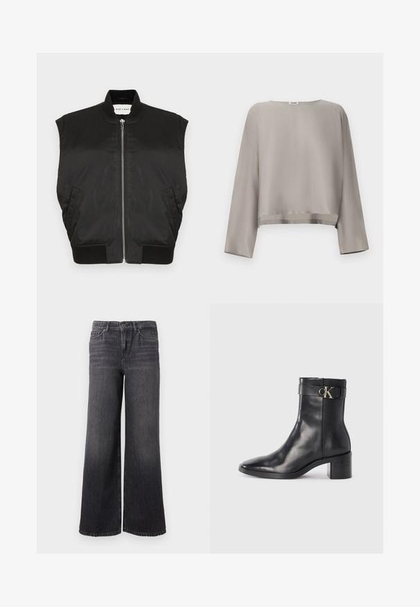Zwarte mouwloze jas van een gladde stof met een hoge nek, ritssluiting aan de voorkant en geribbelde zoom en armsgaten. Inclusief twee zijzakken.; Lichtgrijs, cropped top met lange mouwen gemaakt van gladde stof. Voorzien van een ronde halslijn en subtiele zoomdetails.; Brede, donkergrijze spijkerbroek met een subtiele vervaging, voorzien van een knoopsluiting, vijf zakken en een rechte zoom bij de enkel.; Zwarte leren enkellaars met een spitse neus, blokhak en een bandje met een metallic logo. Gladde textuur en minimalistisch ontwerp.