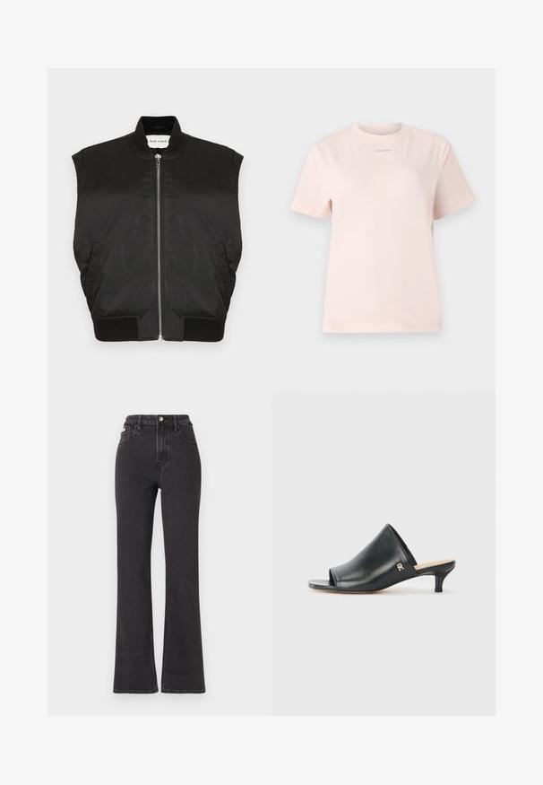 Sort ærmeløs jakke i et glat stof med høj hals, lynlås foran, samt ribbet kant og armåbninger. Inkluderer to sidelommer.; Lyserød bomulds t-shirt med rund hals, korte ærmer og et lille "Calvin Klein" logo trykt i en matchende farve på brystet.; Sorte højtaljede flagrende jeans lavet af denim, med knaplukning, bæltestropper og sidelommer. Glat tekstur med minimal falming.; Sorte læder open-toe mules med en lav hæl. Har en glat overflade og et guld logo-prim på siden.