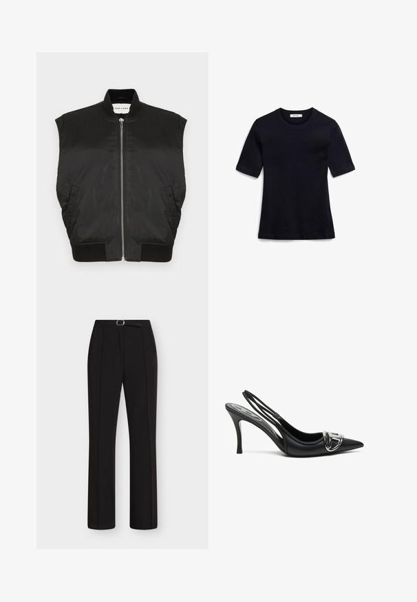 Schwarze ärmellose Jacke aus glattem Stoff mit einem hohen Kragen, Frontreißverschluss sowie geripptem Saum und Armöffnungen. Enthält zwei seitliche Taschen.; Marineblaue Kurzarm-T-Shirt aus weichem Material. Es hat einen gerippten Rundhalsausschnitt und einen geraden Saum, mit einem schlichten, ungeprägten Design.; Schwarze gerade geschnittene Hose mit vorderen Bügelfalten und passendem schwarzen Gürtel mit silberner Schnalle, dargestellt auf weißem Hintergrund.; Schwarze Slingback-Pumps mit spitzem Vorderteil, ausgestattet mit einem glänzenden silbernen Schnallendetail und einem schlanken Absatz. Glattes Lederoberfläche, minimalistische Gestaltung.