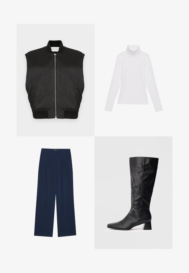 Schwarze ärmellose Jacke aus glattem Stoff mit einem hohen Kragen, Frontreißverschluss sowie geripptem Saum und Armöffnungen. Enthält zwei seitliche Taschen.; Weißes Langarm-Turtleneck-Oberteil aus glattem, elastischem Stoff. Mit hohem Kragen und tailliertem Schnitt, ohne sichtbare Muster oder Verzierungen.; Marineblaue weit geschnittene Hosen aus glattem Stoff, mit zwei Fronttaschen und vorderen Falten, mit geradem Schnitt und sauberen Säumen.; Schwarze Lederstiefel in Knöchelhöhe mit spitzer Zehe und Blockabsatz auf schlichtem, hellen Hintergrund.