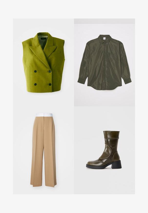 Mouwloze dubbele knopen olijfgroene blazer met pieklenzen en vier zwarte knopen op een witte achtergrond.; Langsleeve, donkergroen overhemd van glanzende stof, met een knoopsluiting aan de voorkant, puntige kraag en een borstzak.; Brede broek van lichtbruin stof met een contrasterende witte tailleband. Kenmerkt zich door strakke lijnen en geen zichtbare patronen of versieringen.; Olijfgroene leren enkelboot met een ronde neus, een elastische inzet en een chunky zwarte hak. Gladde textuur en subtiele stiksels.