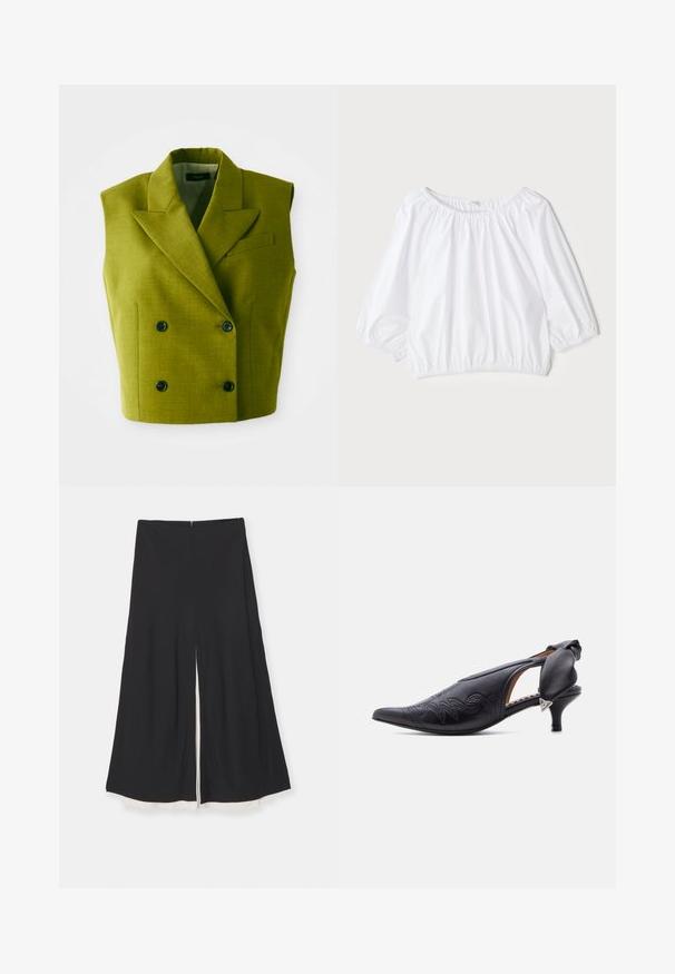 Blazer sin mangas de doble botonadura en color verde olivo, con solapas en punta y cuatro botones negros sobre un fondo blanco.; Blusa blanca y ligera con escote redondo, mangas abullonadas de tres cuartos y cintura elástica, que presenta una textura suave y brillante.; Pantalones anchos negros con una apertura frontal, que presentan una textura suave y un forro blanco en contraste en el dobladillo. Cierre con cremallera en la parte trasera.; Zapato de tacón slingback de cuero negro con punta puntiaguda, detalles bordados y un tacón bajo tipo kitten, con un lazo acolchado y un adorno triangular plateado.