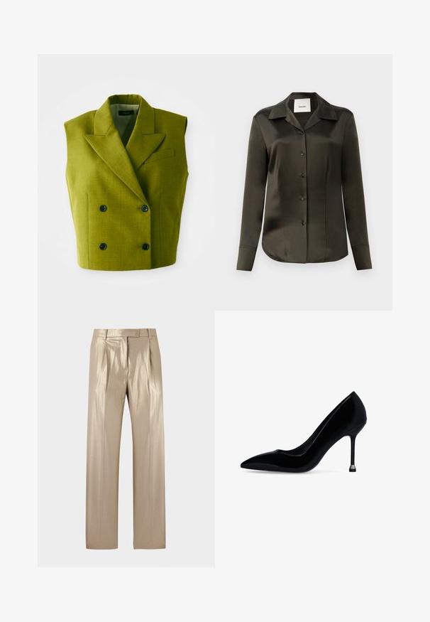 Blazer sin mangas de doble botonadura en color verde olivo, con solapas en punta y cuatro botones negros sobre un fondo blanco.; Camisa de satén verde oliva con botones, cuello puntiagudo, mangas largas y botones negros, que cuenta con una textura suave y un ajuste entallado.; Pantalones beige brillantes con un corte entallado, que presentan pinzas frontales, cierre de botón y piernas rectas, hechos de un material reflectante.; Zapato de salón de charol negro con tacón alto y delgado, punta puntiaguda y tacón de aguja estrecho, con una punta metálica en la base del tacón, sobre fondo blanco.