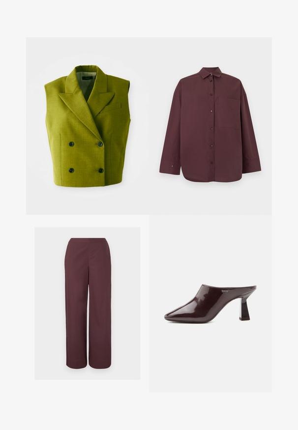 Blazer sin mangas de doble botonadura en color verde olivo, con solapas en punta y cuatro botones negros sobre un fondo blanco.; Camisa de manga larga con botones en marrón oscuro con cuello y un único bolsillo en el pecho, mostrada sobre un fondo claro y liso.; Pantalones marrones de tiro alto y pierna ancha con un frente liso y bolsillos laterales, exhibidos contra un fondo claro y liso.; Mule marrón oscuro brillante con puntera puntiaguda, tacón de bloque y logotipo de DKNY en el lateral, exhibido sobre un fondo blanco liso.