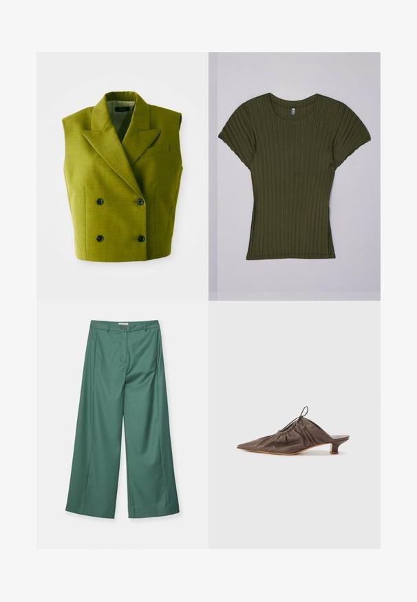 Sømløs dobbeltbrystet olivengrøn blazer med spidse lapeller og fire sorte knapper på hvid baggrund.; Oliven grøn, ribbet kortærmet bluse med rund hals. Har blødt, tekstureret stof og let udvidede ærmer.; Bredde ben bukser i en teal farve, lavet af et glat stof. Har en frontknaplukning og to sidelommer.; Brun læder mule med spids tå, samlet tekstur, lille hæl og en snorede accent ved åbningen. Glat finish.