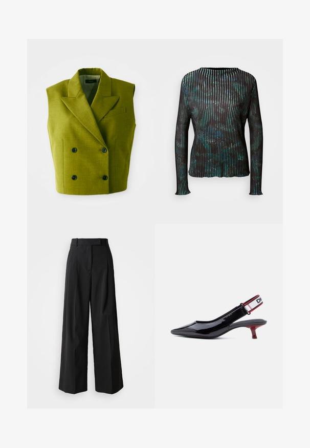 Ärmelloses, doppelt geknöpftes, olivgrünes Blazer mit Spitzenrevers und vier schwarzen Knöpfen vor einem weißen Hintergrund.; Marc Cain Langarmshirt - dark jade green; Schwarze weit geschnittene Hose aus glattem Stoff mit hohem Bund, ausgestattet mit zwei vorderen Falten und einem taillierten Design.; Schwarzer Lacklederslingback-Schuh mit spitzer Kappe, rotem Kitten-Heel und elastischem weißen Riemen mit schwarzem und rotem Rand.