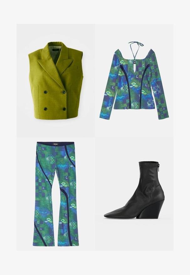 Ärmelloses, doppelt geknöpftes, olivgrünes Blazer mit Spitzenrevers und vier schwarzen Knöpfen vor einem weißen Hintergrund.; Langärmliges Oberteil mit tiefem Ausschnitt, das abstrakte blaue und grüne Muster aufweist, einen Bindebandverschluss hat und kontrastierende schwarze Akzente besitzt.; Leggings aus elastischem, mehrfarbigem Stoff mit grünen und blauen Mustern, die geometrische Formen zeigen, und dunkelblauen Akzenten an den Seiten.; Schwarzer Leder-Stiefeletten mit spitzer Zehenpartie, hohem schrägem Blockabsatz und Reißverschluss an der Rückseite vor hellem, einfarbigem Hintergrund.