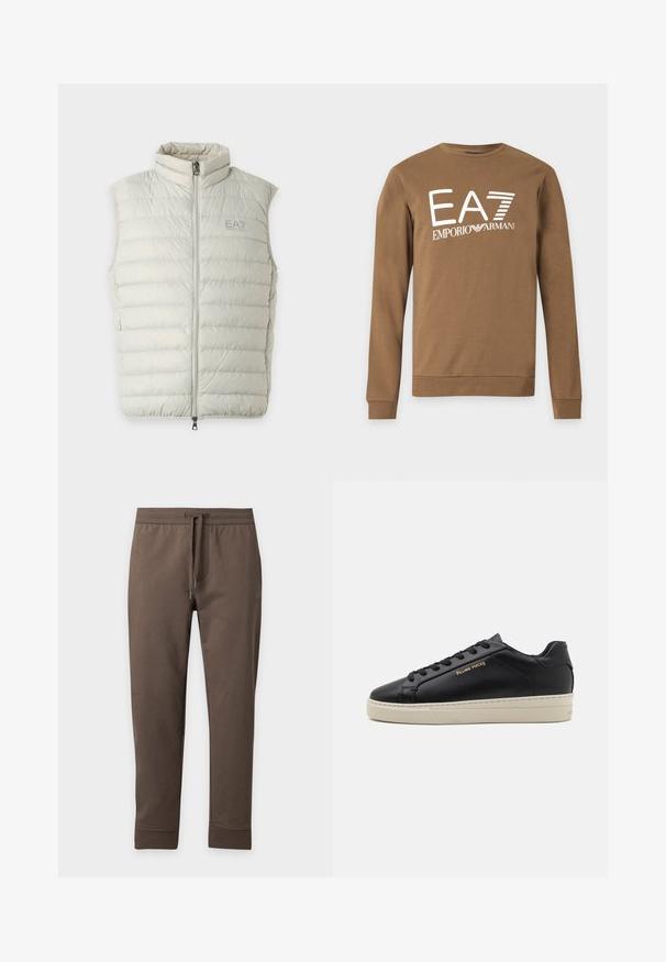 Doudoune sans manches gris clair avec fermeture éclair à l'avant et col montant, avec le logo EA7 Emporio Armani sur la poitrine gauche.; Sweat-shirt marron à manches longues avec logo blanc "EA7 Emporio Armani" imprimé sur le devant, avec un col rond et des poignets côtelés.; Pantalon de survêtement marron fuselé avec taille élastique et cordon, présenté à plat sur un fond clair.; Sneaker en cuir noir avec une finition lisse, semelle crème contrastante, bout arrondi, logo doré sur le côté et six œillets pour les lacets.