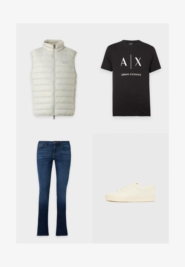 Doudoune sans manches gris clair avec fermeture éclair à l'avant et col montant, avec le logo EA7 Emporio Armani sur la poitrine gauche.; T-shirt en coton noir avec les initiales "A|X" et "ARMANI EXCHANGE" imprimées en blanc. Col rond avec manches courtes.; Jean slim bleu foncé avec légère décoloration, cinq poches, fermeture par bouton et passants de ceinture, présenté sur un fond clair uni.; Baskets couleur crème avec une tige en cuir lisse, bout arrondi, laçage à l'avant et semelle en caoutchouc texturée. Design minimaliste, sans logo.