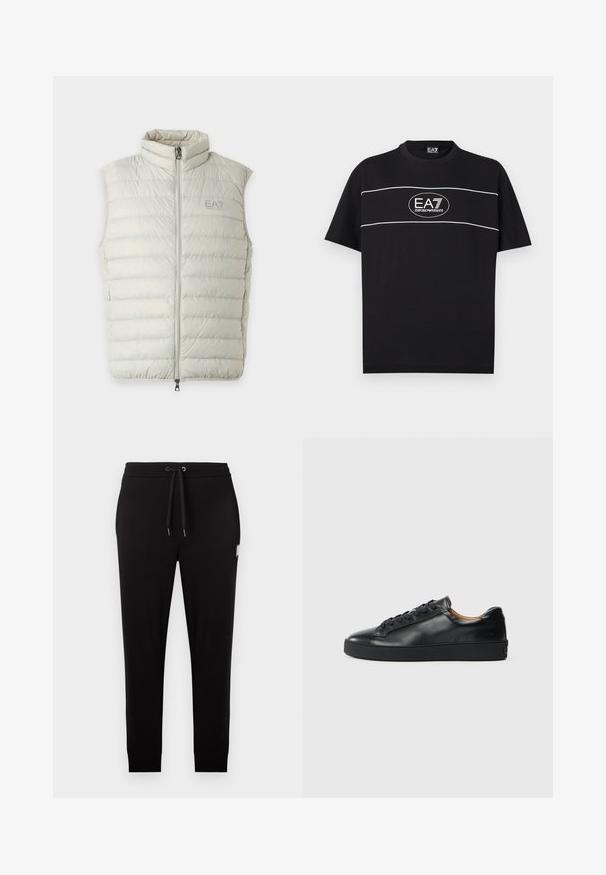 Doudoune sans manches gris clair avec fermeture éclair à l'avant et col montant, avec le logo EA7 Emporio Armani sur la poitrine gauche.; T-shirt noir à manches courtes avec des lignes horizontales blanches et un logo ovale centré sur la poitrine portant l'inscription "EA7 Emporio Armani".; Pantalon jogging noir slim avec taille élastique, cordon noir, et une petite étiquette rectangulaire sur la cuisse droite.; Baskets en cuir noir avec une texture lisse, bout rond et fermeture à lacets. Comprend une semelle en caoutchouc épaisse et un minimum de détails de marque.