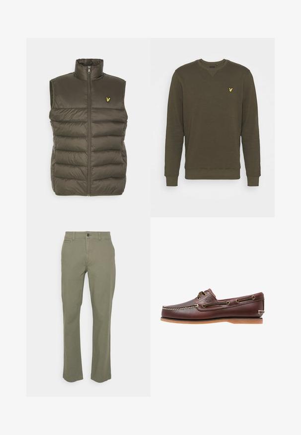 Gewatteerde vest in olijfgroen met een hoge kraag, ritssluiting aan de voorkant en geborduurd logo op de borst. Soepele, lichte textuur.; Olijfgroene sweatshirt, ronde hals, lange mouwen, geribbelde manchetten en onderrand, met een klein geel logo op de linkerkant van de borst. Zacht, katoenen mixmateriaal.; Olijf groene broek met een rechte pijp ontwerp, gemaakt van een katoenmix. Bevat voorzakken en een enkele knoopsluiting.; Bruine leren bootschoen met witte stiksels, veterdetails en beige rubberen zool, zijaanzicht op een witte achtergrond.