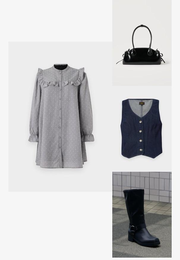 Mørk denimvest med V-udskæring, fem metalliske knapper og tætsiddende design. Har en lige kant og indvendig foring i et lysere materiale.; Grå knap-up kjole med rynket halsudskæring, lange ærmer og elastiske manchetter. Har et subtilt struktureret mønster og en løs pasform.; Sort læderstøvle midt på læggen med lav blokhæle og en dekorativ rem med metal spænde rundt om anklen, på en flisebelagt fortov.; Lille sort blank håndtaske med to lange håndtag og snøre-detaljer i siden på en ensfarvet lys baggrund.