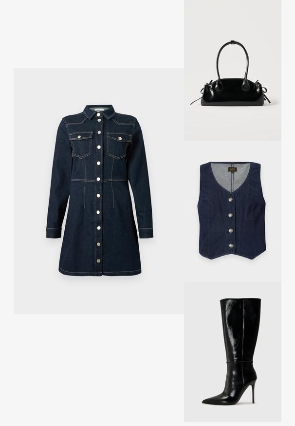 Donkere denim vest met een V-hals, vijf metalen knopen en een getailleerd ontwerp. Heeft een rechte zoom en een binnenvoering van een lichter stof.; Donkerblauwe denim jurk met lange mouwen, knoopsluiting aan de voorkant, twee klepzakken op de borst en contrasterend stiksel.; Zwarte leren kniehoge laarzen met een spitse neus en hoge stiletto hak. Soepele textuur en strak ontwerp, met minimale detailing.; Kleine zwarte glanzende handtas met twee lange hengsels en zijkant trekkoord details op een effen lichte achtergrond.