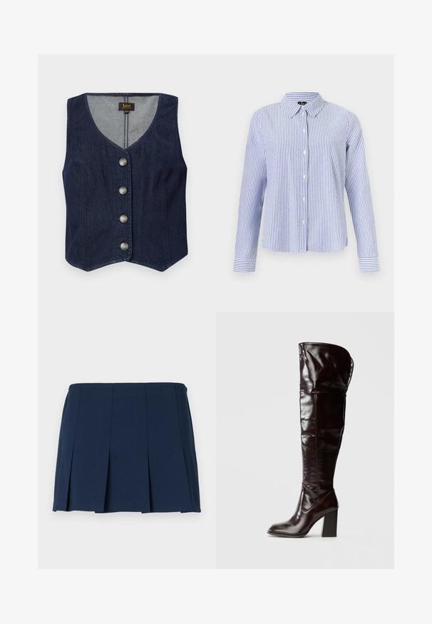 Mørk denimvest med V-udskæring, fem metalliske knapper og tætsiddende design. Har en lige kant og indvendig foring i et lysere materiale.; Langærmet skjorte med knapper med hvide og lyseblå lodrette striber og en spids krave vist på en ensfarvet baggrund.; Mørkeblå, plisseret mini nederdel med en lige talje, lavet af et glat stof. Har lodrette syninger langs plisseringerne.; Knæhøje, blanke bordeauxrøde læderstøvler med firkantet tå og blokhæl, der har et løstsiddende design og minimale syningsdetaljer.