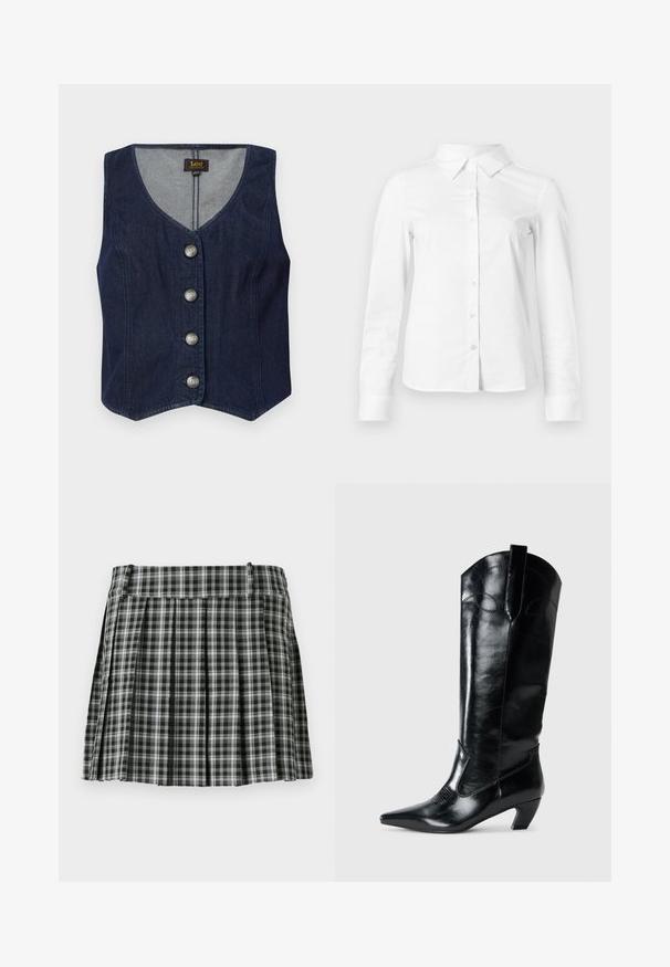 Chaleco de mezclilla oscura con escote en V, cinco botones metálicos y un diseño ajustado. Presenta un dobladillo recto y forro interior en una tela más clara.; Camisa blanca de manga larga con botones, cuello puntiagudo, bajo recto y silueta ajustada, presentada sobre un fondo claro y liso.; Falda plisada de cuadros en blanco y negro con una cintura suave y múltiples pliegues verticales. Fabricada en un tejido ligero.; Botas de cuero negras hasta la rodilla con punta afilada, tacón bajo y detalle de costura decorativa en los laterales. Acabado suave y brillante.