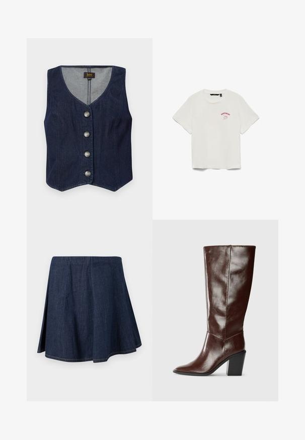 Chaleco de mezclilla oscura con escote en V, cinco botones metálicos y un diseño ajustado. Presenta un dobladillo recto y forro interior en una tela más clara.; Camiseta blanca de manga corta y corte cropped con texto "SWEETHEART" y un gráfico de rosa en rojo en el pecho izquierdo.; Falda línea A de mezclilla azul oscuro con aberturas laterales y costuras visibles a lo largo del dobladillo y las costuras, mostrada sobre un fondo claro y liso.; Bota alta de cuero marrón oscuro con punta afilada y tacón bloque apilado, mostrada de lado sobre un fondo liso.