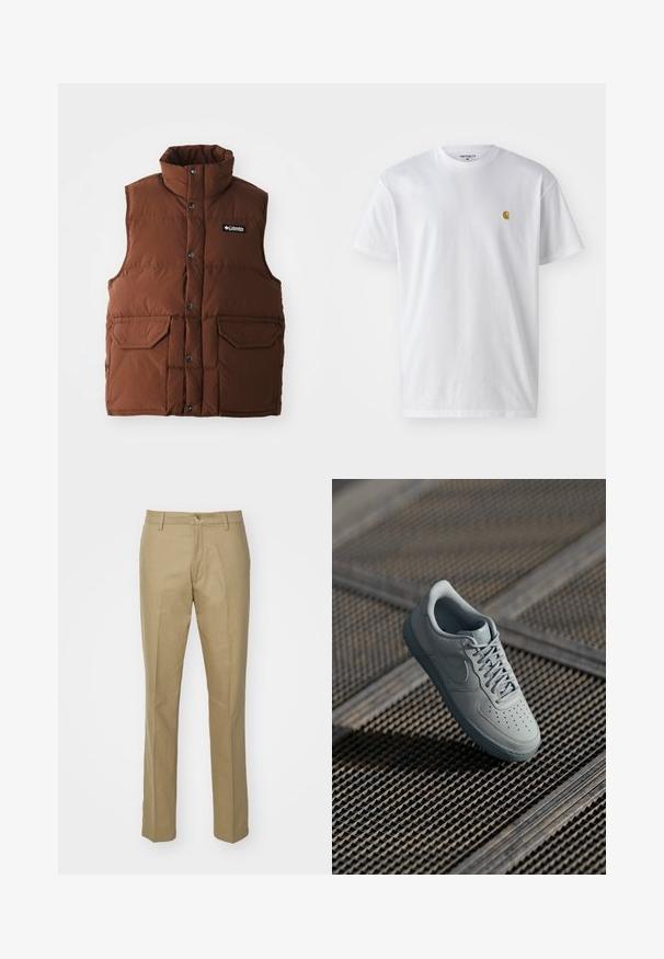 pruun puffer vest kõrge kaelusega, nööbivate nööbidega ja kahe esiosa taskuga. Valmistatud isoleerivast tikkkangast. Brändi logo on eksponeeritud rinna piirkonnas.; Valge puuvillane t-särk lühikeste varrukatega, ümmargune kaelus, millel on väike kuldne logo vasakul rinnal. Pehme tekstuur ja regulaarne lõike.; Khaki puuvillasegusest kangast püksid, sirge lõikega, nähtavate ees olevate taskutega, lukuga ees ja klassikalise vöökohaga ühe nupuga.; Halluxiga nahktennised perforatsioonidega varbaga, lame paelad, pehmendatud krae ja tekstureeritud kummipõhi. Omab diskreetset brändingu detaili.