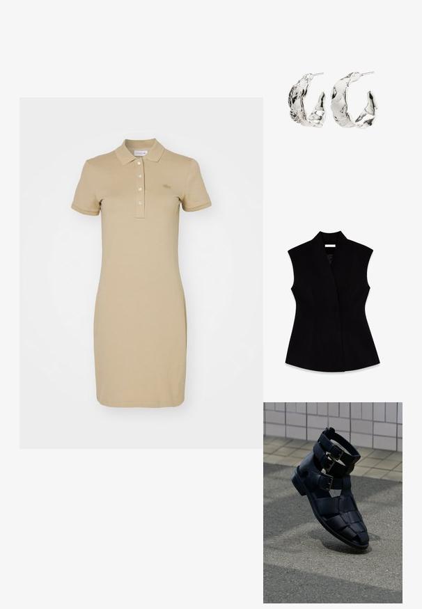 Zwarte mouwloze vest met een hoge kraag, gemaakt van gladde stof, met een nauwsluitende silhoët en zijnaad voor vormgeving.; Beige poloshirt jurk met een kraag, korte mouwen en een knoopsluiting. Beschikt over subtiele logo borduursels op de borst. Zachte stofstructuur.; Zwarte leren gladiatorsandaal met drie verstelbare metalen gespbanden op betegelde en geasfalteerde ondergrond.; Zilveren oorringen met een abstract, gestructureerd ontwerp. Ze hebben onregelmatige vormen en een gepolijste afwerking, die unieke contouren tonen.