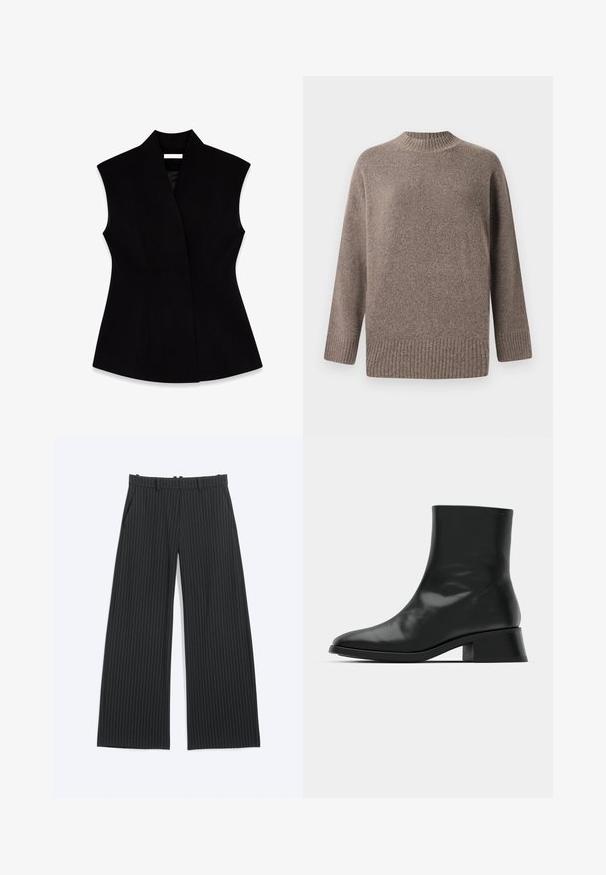 Sort ærmeløs vest med høj krave, lavet af glat stof, der har en tætsiddende silhuet og sidesømmer for formning.; ONLY Knitted ONLHAZEL Knitted - Striktrøje - brown lentil; Sorte vidde bukser med tynde hvide nålestriber, bæltestropper, forlommer og en skjult lukning foran.; Sort ankelstøvle lavet af blank læder, med et strømlinet design, spids tå og en moderat blokhælhøjde for stabilitet.