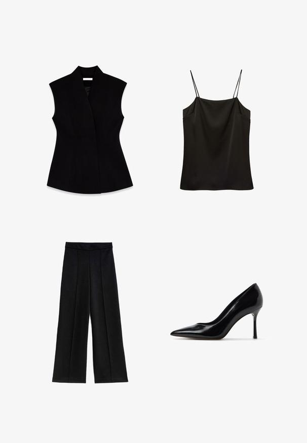 Sort ærmeløs vest med høj krave, lavet af glat stof, der har en tætsiddende silhuet og sidesømmer for formning.; Sort satin camisole top med tynde dobbelte spaghetti stropper og en lige udskæring.; Sorte bukser med vide ben, høj talje og syninger med presning foran, designet til en løs og flydende pasform.; Sort stiletto-pump i laklæder med spids tå og slank høj hæl, vist i profil på hvid baggrund.