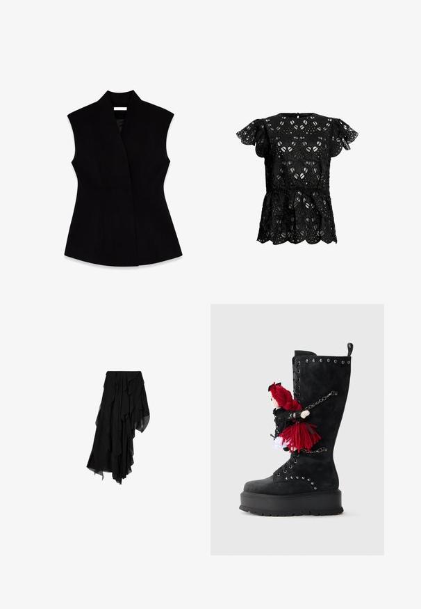 Sort ærmeløs vest med høj krave, lavet af glat stof, der har en tætsiddende silhuet og sidesømmer for formning.; Sort blonde top med korte flæserede ærmer, en bølget kant og intrikate udskæringsdesigns. Stoffet har en struktureret overflade.; Sort asymmetrisk nederdel med lagdelt, flydende chiffonstof, der skaber en flæset, ujævn kant.; Sort knæhøj støvle med en kraftig sål, der har sølvnitter og en dukke med rødt garnhår vedhæftet med en kæde på siden.