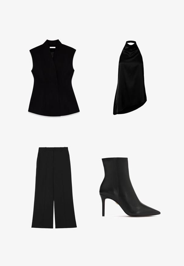 Chaleco negro sin mangas con un alto cuello, hecho de tela suave, que presenta una silueta ajustada y costuras laterales para dar forma.; Vestido negro de satén con cuello halter, bajo asimétrico, sin mangas y escote alto con cierre de lazo en la espalda.; Pantalones negros de pierna ancha hechos de una tela suave. Presentan una cintura alta, doble pinza frontal y trabillas para cinturón. No tienen bolsillos ni adornos visibles.; Botín de cuero negro hasta el tobillo con punta afilada, tacón alto de aguja y textura suave. Costuras decorativas recorren la parte trasera.