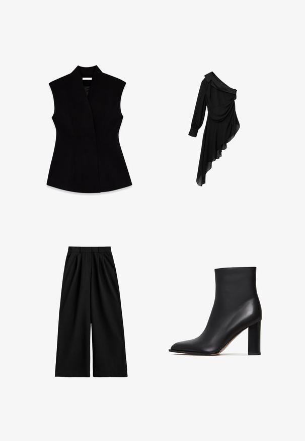 Sort ærmeløs vest med høj krave, lavet af glat stof, der har en tætsiddende silhuet og sidesømmer for formning.; Sort kjole lavet af let stof, med design med én skulder, draperet front, langærmet og asymmetrisk kant.; Sorte bukser med vide ben og høj talje, udstyret med bæltestropper, frontplisseringer og en ren, glat stoffinish.; Sorte ankelstøvler lavet af tekstureret læder, med spids tå og en klodset, cylindrisk hæl. Glat finish med et slankt design.