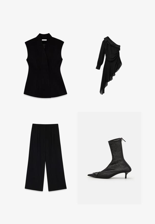 Sort ærmeløs vest med høj krave, lavet af glat stof, der har en tætsiddende silhuet og sidesømmer for formning.; Sort kjole lavet af let stof, med design med én skulder, draperet front, langærmet og asymmetrisk kant.; Sorte vide bukser lavet af glat stof, der har læg foran, en mellemhøj talje og ingen synlige lukninger eller pynt.; Sorte mesh ankelstøvler med spidse tæer, lynlås og en lille hæl. Har en dekorativ spændeaccent nær tåområdet.