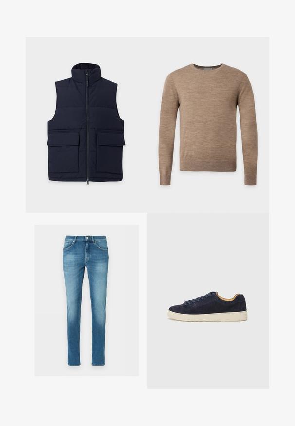 Veste matelassée sans manches bleu marine avec col montant, fermeture éclair devant, et deux grandes poches à rabat sur un fond uni.; Pull beige à manches longues avec col rond et texture tricotée unie, présenté sur un fond clair uni.; Jean slim en denim bleu avec poches avant et arrière, fermeture par boutons et légère décoloration aux cuisses et aux genoux, présenté sur fond blanc.; Baskets basses en suede bleu marine avec bout arrondi, semelle en caoutchouc blanc cassé et lacets assortis ; dotées d'une doublure intérieure contrastante couleur tan.