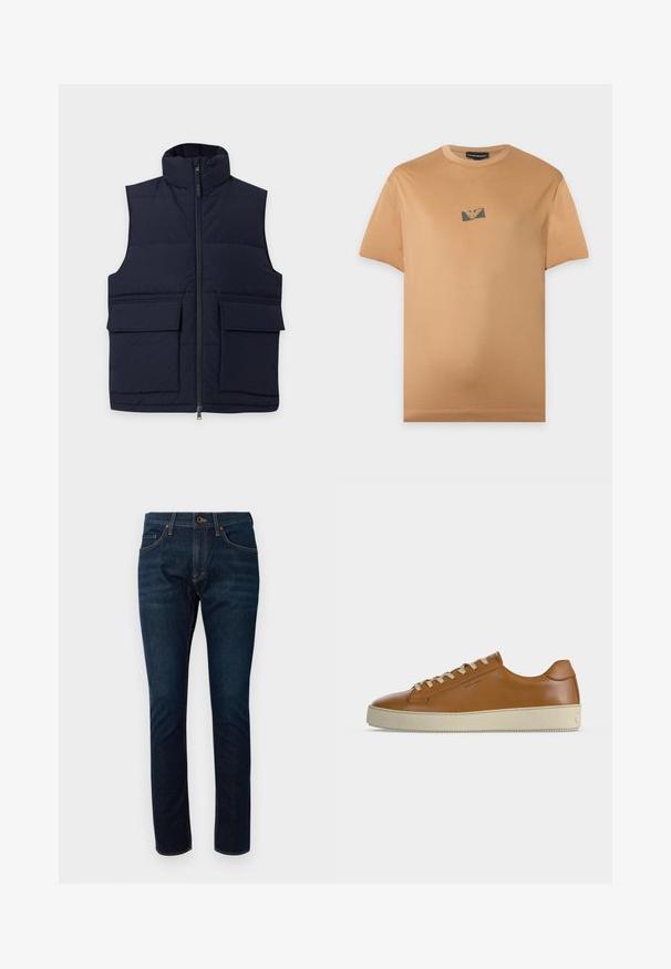 Veste matelassée sans manches bleu marine avec col montant, fermeture éclair devant, et deux grandes poches à rabat sur un fond uni.; T-shirt marron clair à manches courtes avec un petit logo noir et or centré sur la poitrine sur un fond clair uni.; Jeans en denim bleu foncé avec un design ajusté, dotés de cinq poches et de coutures contrastées. Le tissu a une texture lisse.; Baskets basses en cuir marron avec lacets crème et semelle épaisse en caoutchouc crème, vues de profil sur fond blanc.