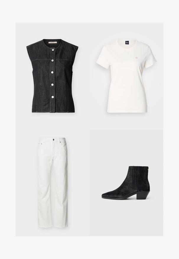 Veste sans manches en denim noir avec encolure ronde et cinq boutons-pression argentés sur le devant, étiquetée Barbour.; T-shirt en coton blanc avec un col rond et des manches courtes. Présente un petit logo brodé sur la poitrine. Texture lisse.; Jean blanc à jambes droites avec poches avant, passants pour ceinture, fermeture par bouton, et coutures visibles sur un fond uni.; Bottine noire à bout pointu, en matériau texturé imitant les cheveux, avec un panneau latéral à nervures et un petit talon carré. Un design simple et moderne.