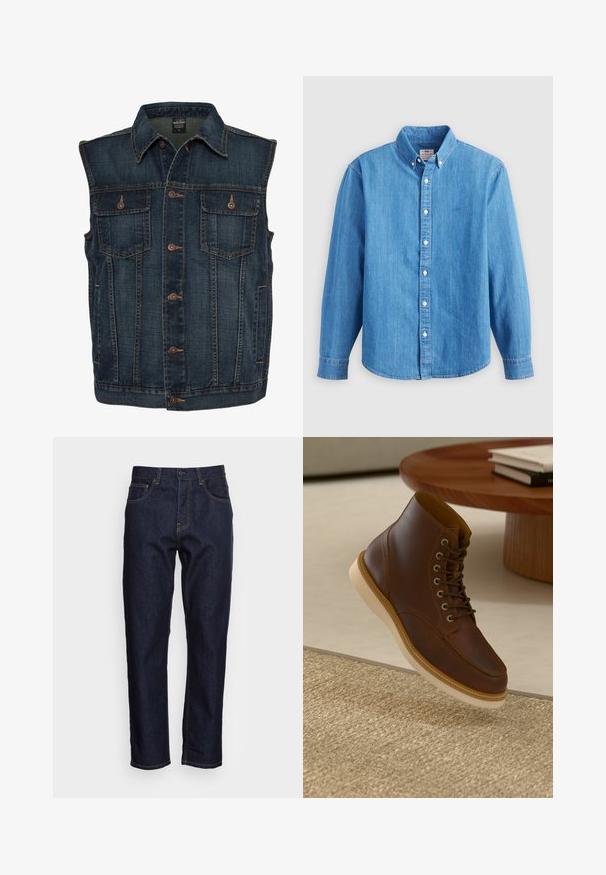 Chaleco de denim de color azul oscuro, con cierre de botones en la parte delantera, dos bolsillos en el pecho y un cuello clásico. Tejido texturizado con costuras visibles.; Camisa de mezclilla azul claro con mangas largas, cuello abotonado y botones blancos. Presenta un pequeño logo bordado en el pecho.; Vaqueros de mezclilla azul oscuro con corte recto, cinco bolsillos y costuras amarillas en contraste. Diseñados con un cierre clásico de botón y cremallera.; Botín de cuero marrón con suela beige sobre una alfombra beige texturizada al lado de una mesa redonda de madera con libros apilados.