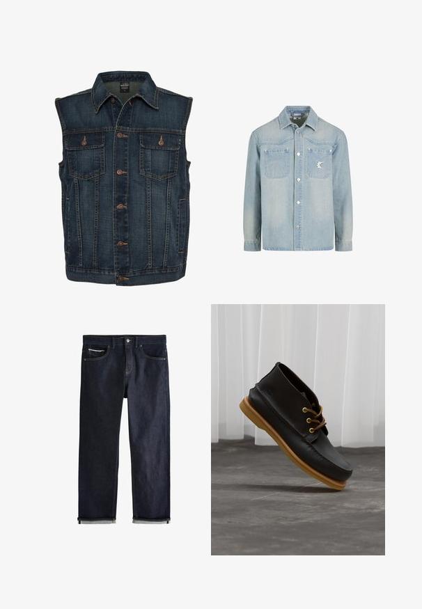 Chaleco de denim de color azul oscuro, con cierre de botones en la parte delantera, dos bolsillos en el pecho y un cuello clásico. Tejido texturizado con costuras visibles.; Chaqueta de mezclilla azul claro con mangas largas, dos bolsillos en el pecho, botones plateados y un pequeño parche de logo en el bolsillo izquierdo.; Vaqueros de mezclilla azul oscuro con un ajuste recto clásico, que cuentan con cinco bolsillos, cierre de botones y puños doblados que muestran un forro azul claro.; Zapatos de cuero negro con un acabado suave, punta redonda, cordones marrones y suelas de goma marrón claro. Logo embossado en el costado.