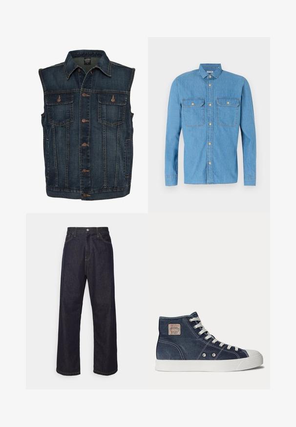 Tume sinine teksavest, millel on nööbid ees, kaks rinna-taskut ja klassikaline krae. Tekstureeritud kangas, millel on nähtavad õmblused.; Hele helesinine denim-särk, millel on pikad varrukad, nööbid ees, kaks rinna taskut, terav krae ja kuldsed nööbid. Sile tekstuur, lõdva disainiga.; Tumedad sinised sirged teksapüksid kollaste õmblustega, esiknapp, lukuga ja viie taskuga disain.; Tumesinine kõrge säärega toss valgete paeltega, valge kummitald, metallist silmused ja väike beež kaubamärgi märk pahkluu piirkonnas.
